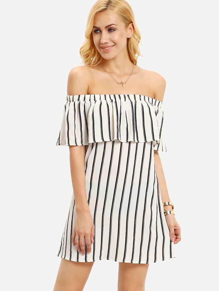 Shein Ruffled Off-the-shoulder Vertical Striped Dress