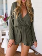 Shein Army Green Deep V Neck Ruffle Jumpsuit