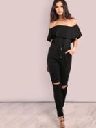Shein Flounce Layered Cut Out Knee Jumpsuit Black