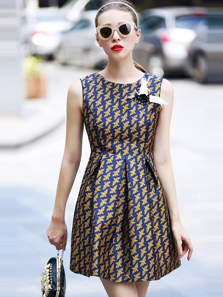 Shein Yellow Round Neck Sleeveless Print Dress