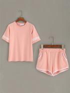Shein Pink Striped Trim Top With Contrast Trim Pockets Shorts