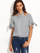 Shein Navy Stripe Cut Out Tie Cuff Short Sleeve Blouse