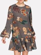 Shein Botanical Print Bishop Sleeve Ruffle Dress