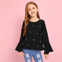 Shein Girls Pearl Beading Flounce Sleeve Blouse