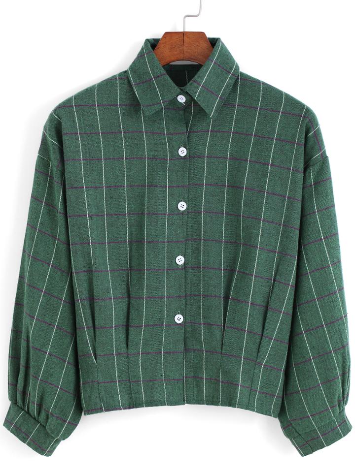 Shein Green Lapel Preppy Appropriately Checks Plaid Buttons Crop Blouse