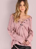 Shein Distressed Plunge Lace Up Hoodie