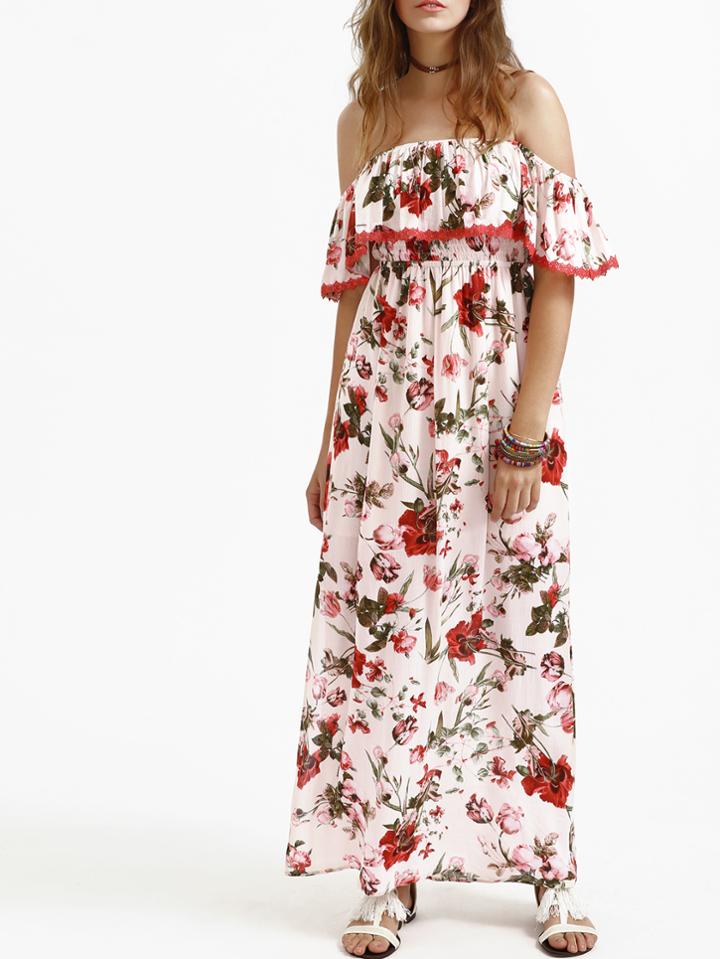 Shein Flower Print Lace Trim Flounce Bardot Dress