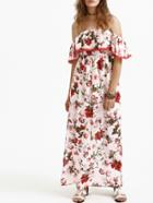 Shein Flower Print Lace Trim Flounce Bardot Dress