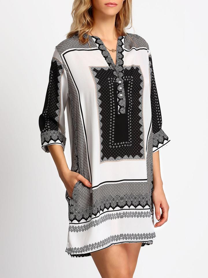 Shein Black White V Neck Tribal Print Loose Dress