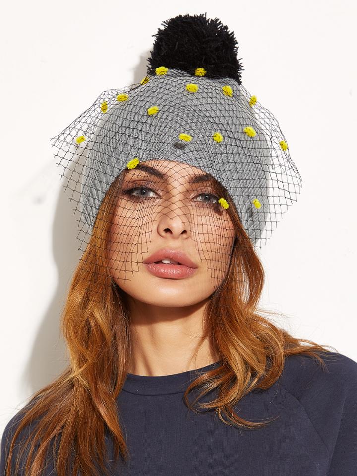 Shein Grey Mesh Contrast Pom Beanie Hat
