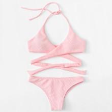 Shein Cross Wrap Rib Knit Bikini Set