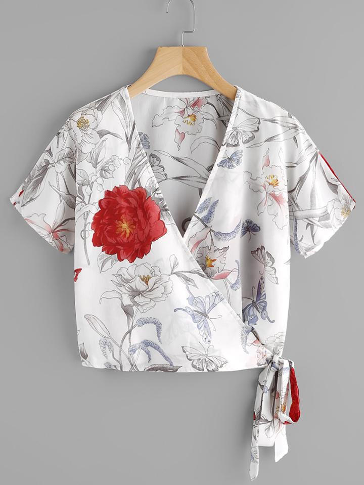 Shein Random Florals Tie Hem Surplice Blouse