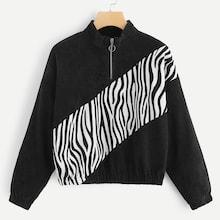 Shein Zebra Print Quarter Zip Corduroy Sweatshirt