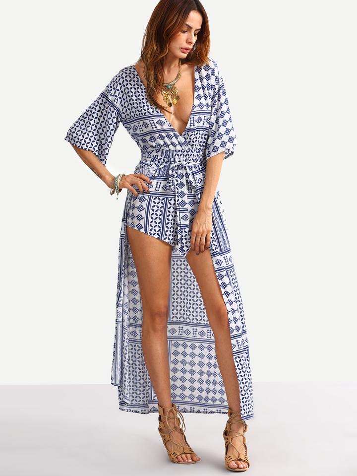 Shein Blue Print V Neck Convertible Jumpsuit