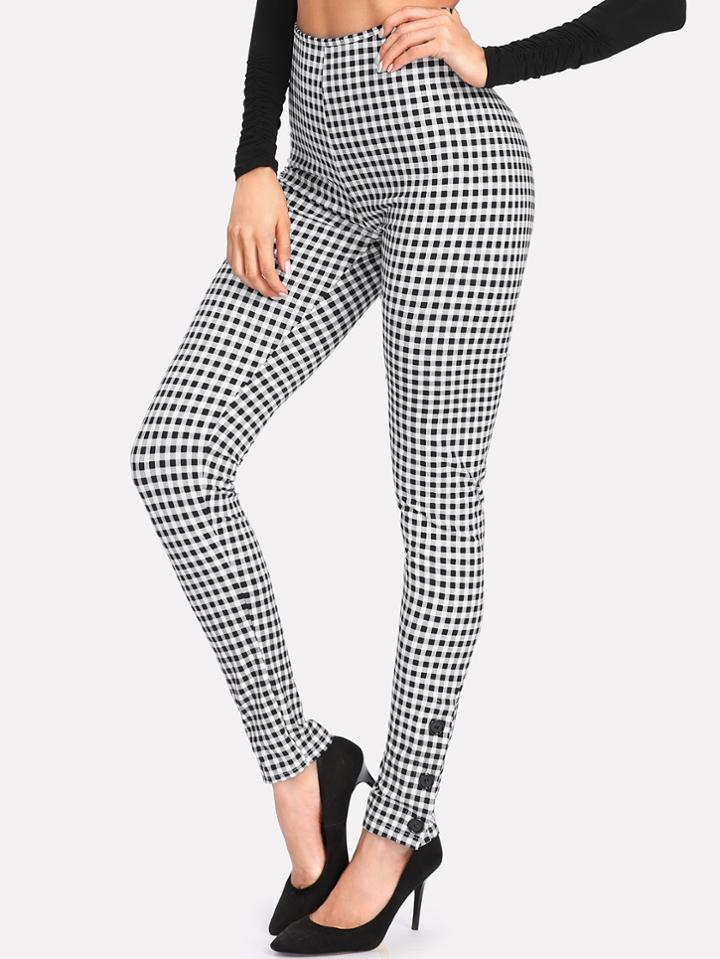 Shein Button Detail High Waist Gingham Pants