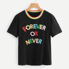 Shein Contrast Striped Letter Applique Tee