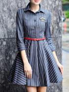 Shein Blue Lapel Striped Belted A-line Dress