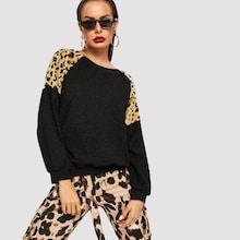 Shein Contrast Panel Leopard Print Teddy Sweatshirt