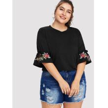 Shein Plus Flower Embroidery Cuff Tee