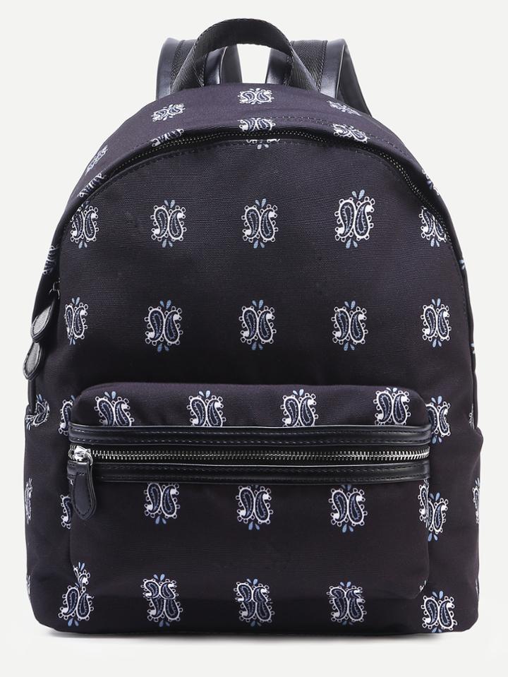 Shein Black Paisley Print Star Studded Canvas Backpack