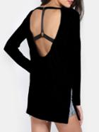 Shein Black Long Sleeve Hollow Back Split T-shirt
