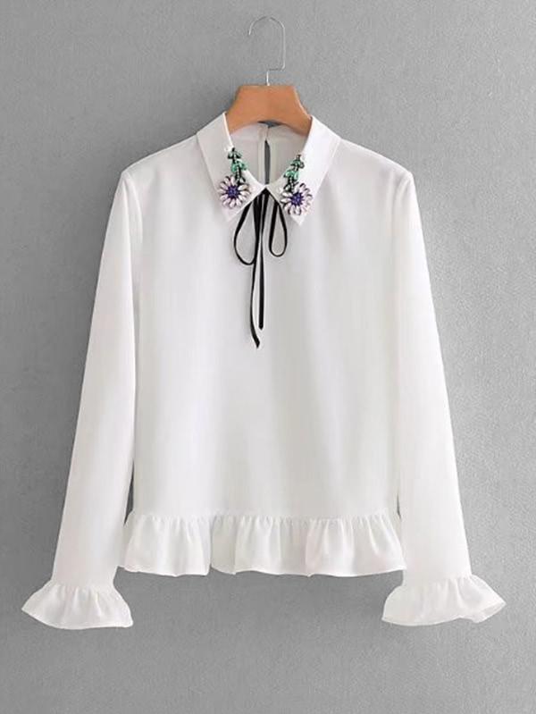 Shein Ruffle Trim Crystal Detail Blouse