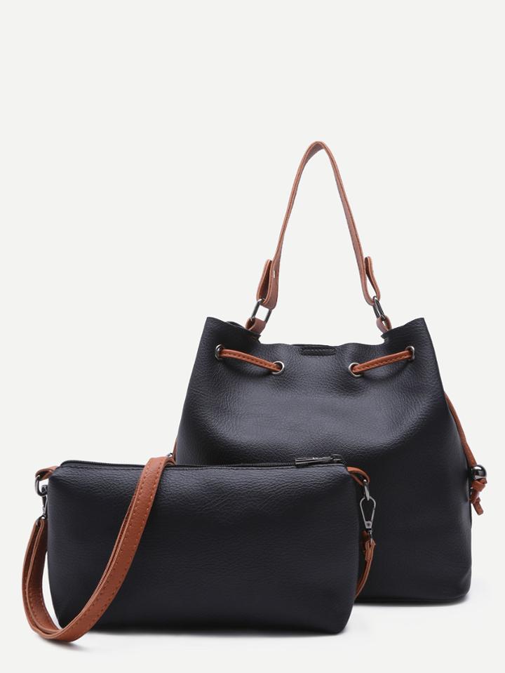 Shein Black Pu Drawstring Tote Bucket Bag With Crossbody Bag