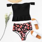 Shein Off The Shoulder Floral Ruffle Tankini Set