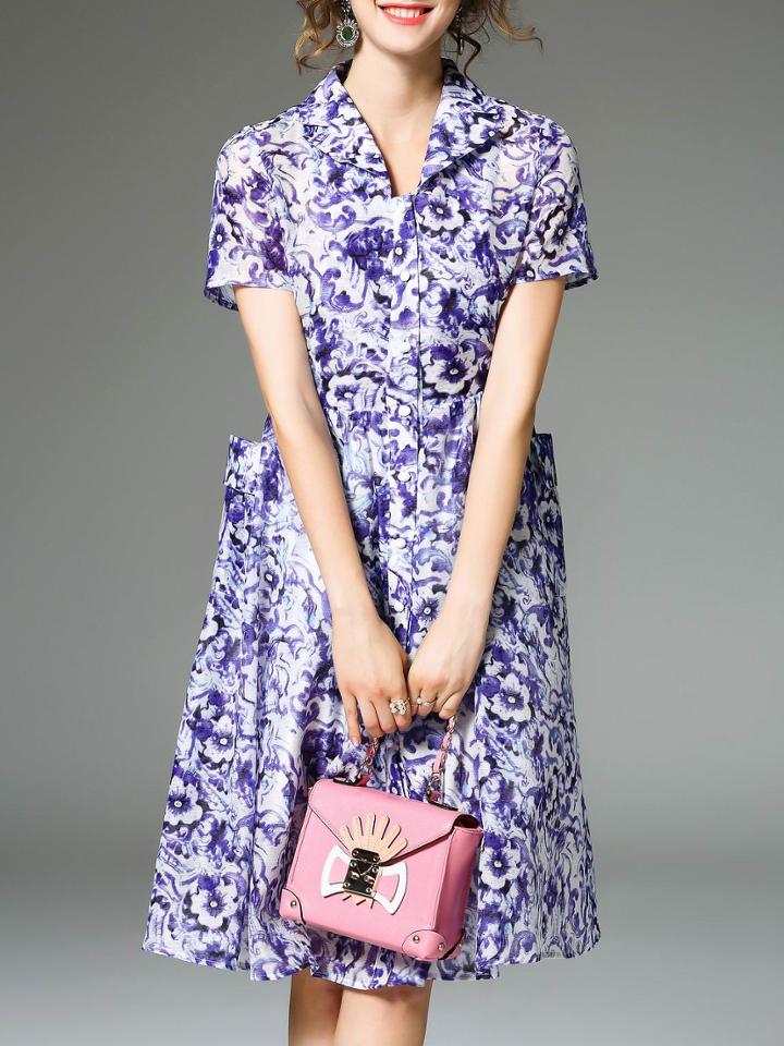 Shein Blue Lapel Pocktes A-line Dress