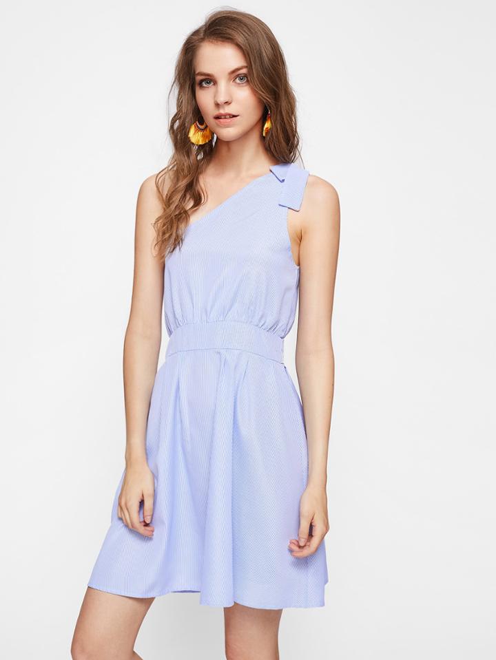 Shein Oblique Shoulder Pinstriped Swing Dress