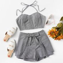 Shein Gingham Halter Top With Knot Front Shorts