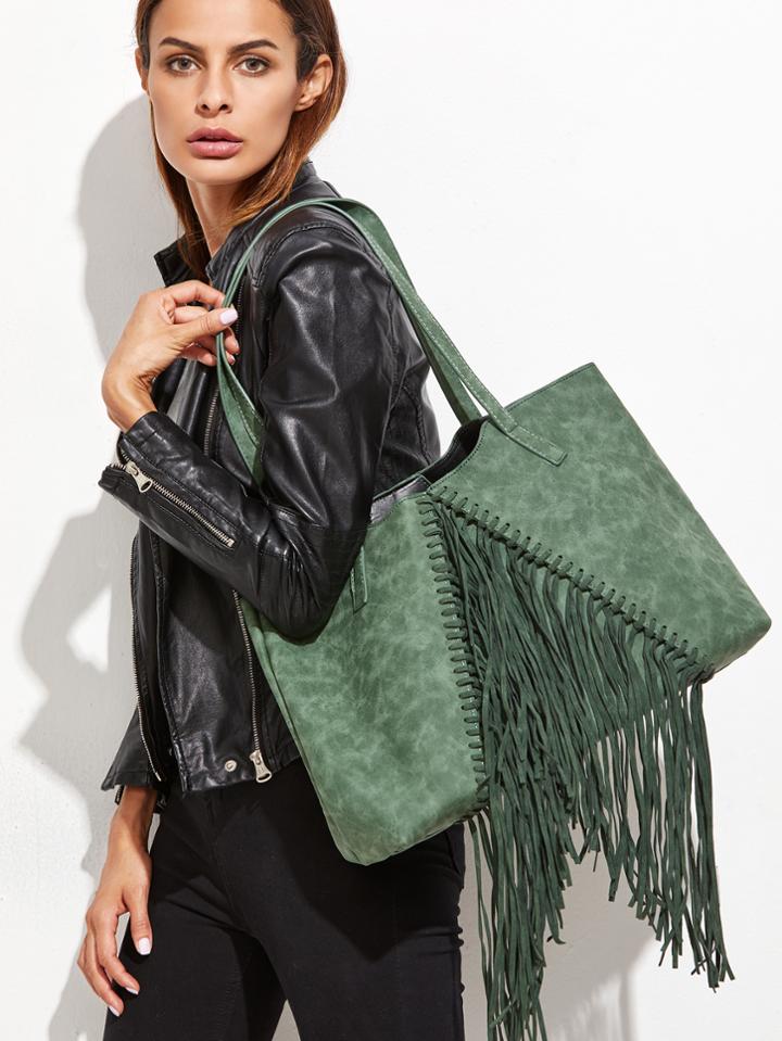 Shein Green Faux Leather Fringe Tassel Shoulder Bag Set