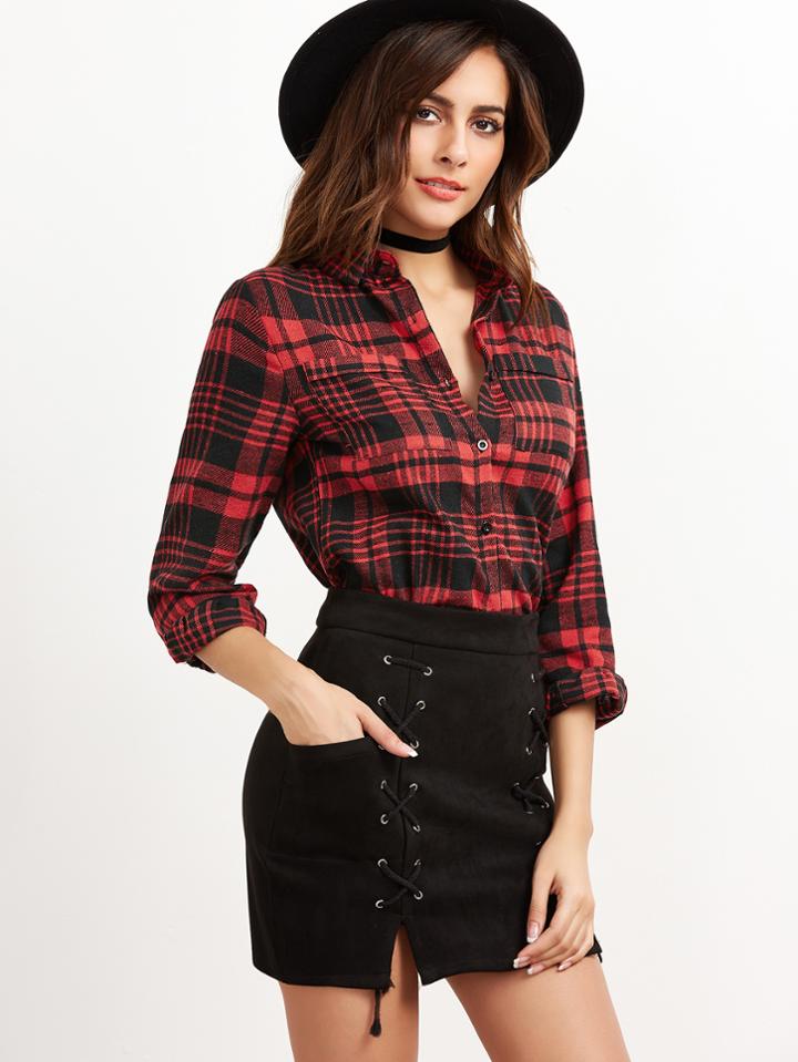 Shein Burgundy Tartan Plaid High Low Curved Hem Shirt