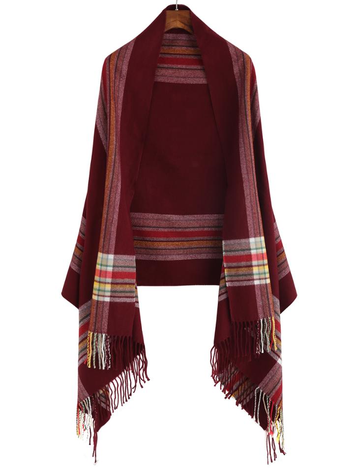 Shein Red Tone Colored Stripe Long Fringe Shawl Scarf