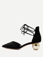 Shein Black Faux Suede Strappy Metallic Round Bottom Heels