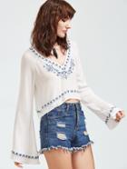 Shein White Bell Sleeve Embroidered Crepe Crop Top