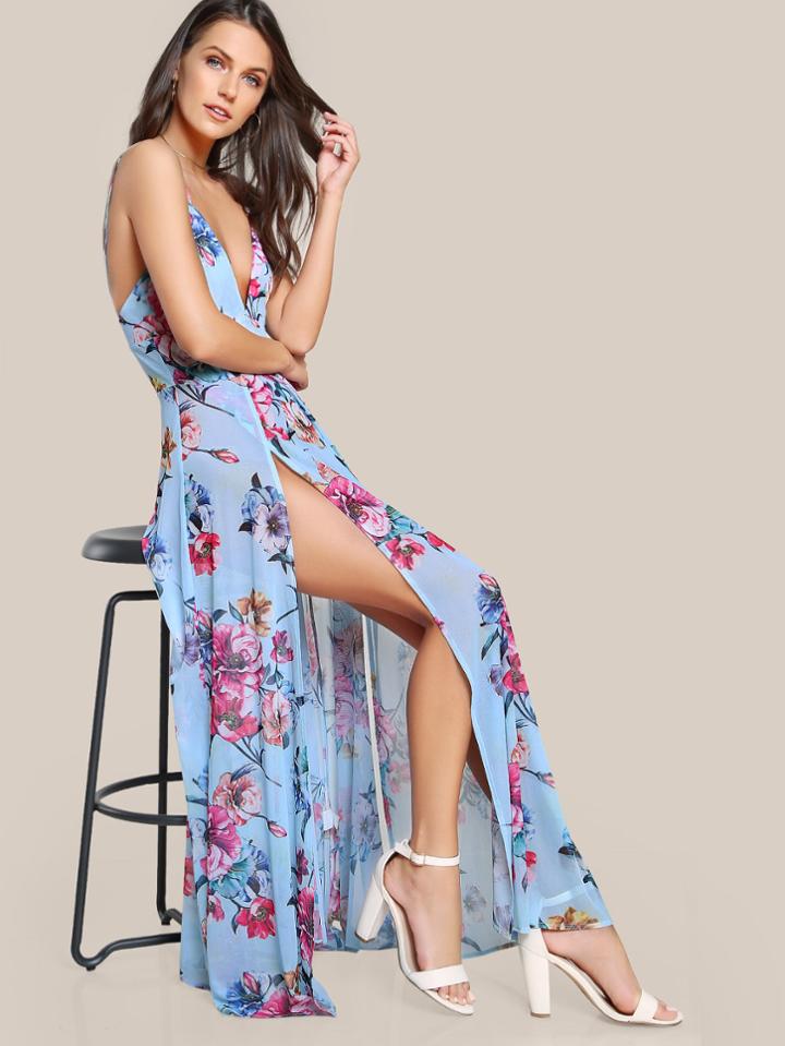 Shein Flower Print Twist Slim Back High Slit Cami Dress