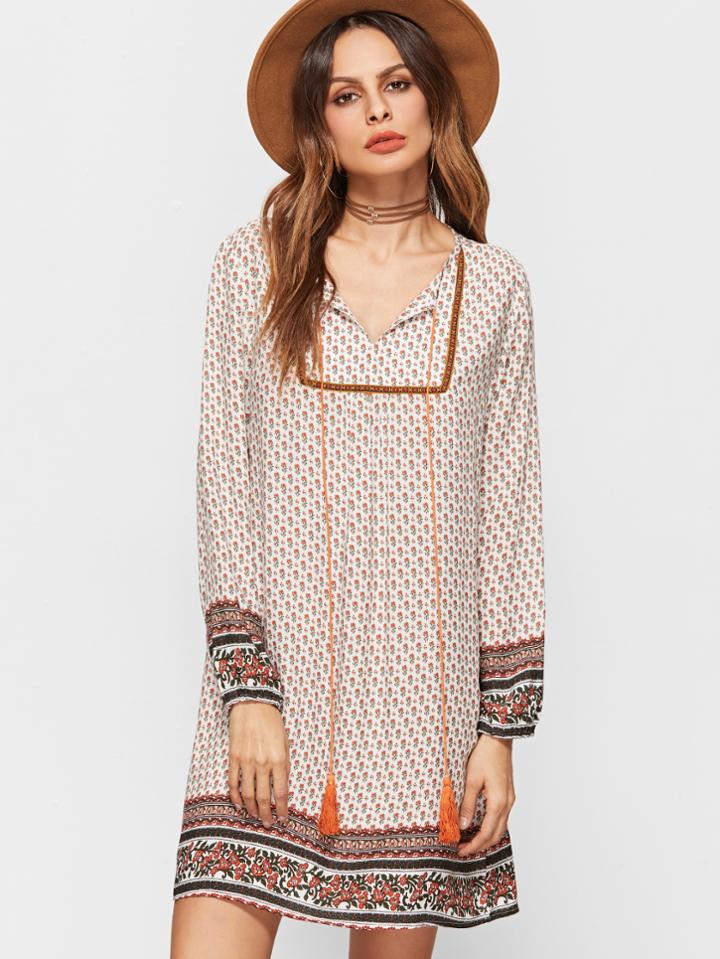 Shein Tribal Print Fringe Trim V Neck Dress
