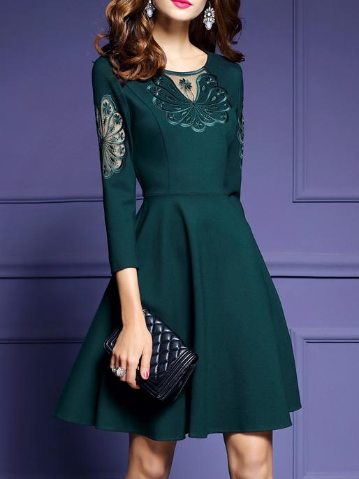 Shein Green Contrast Gauze Embroidered A-line Dress