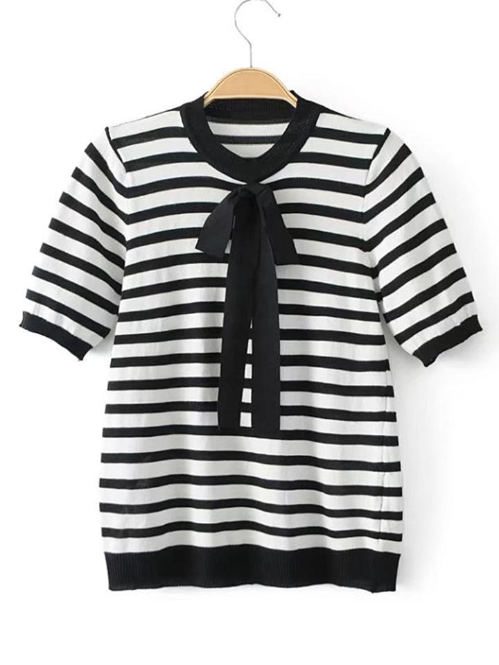 Shein Contrast Striped Knitwear With Bow Tie Detail