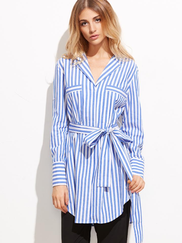 Shein Blue Vertical Striped Pocket Front Belted Blouse