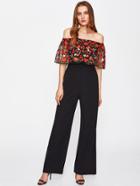 Shein Embroidered Mesh Flounce Trim Off Shoulder Palazzo Jumpsuit