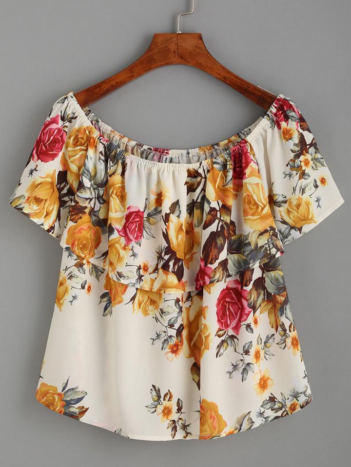 Shein Beige Flower Print Ruffled Off The Shoulder Top