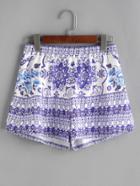 Shein Blue And White Vintage Print Elastic Waist Shorts