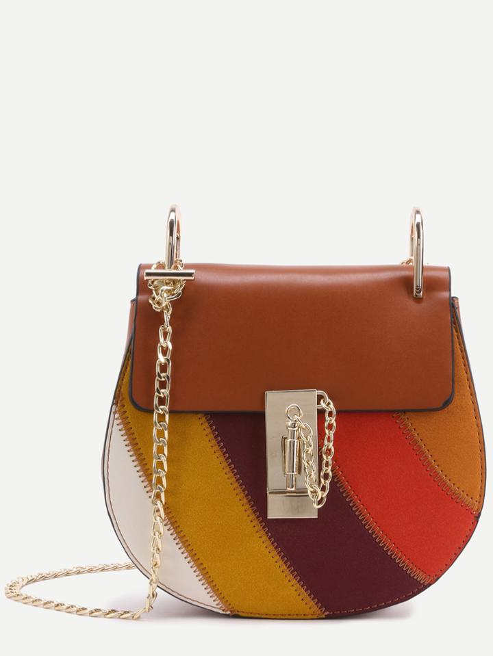 Shein Color Block Faux Leather Flap Saddle Bag With Chain