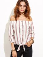 Shein Off The Shoulder Vertical Striped Tie Front Button Top