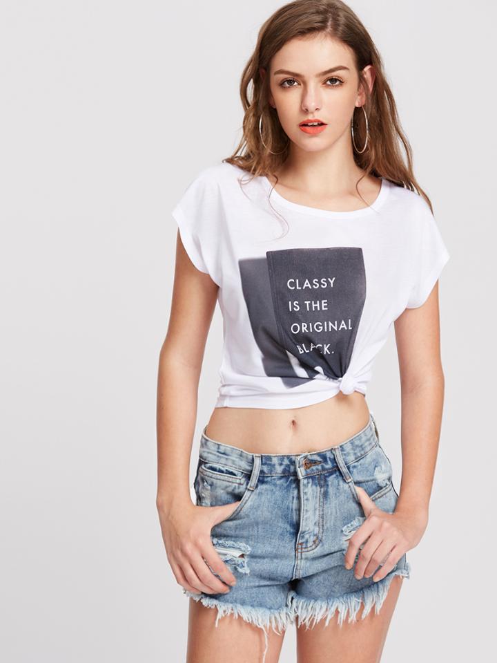 Shein Slogan Print Knot Side Tee