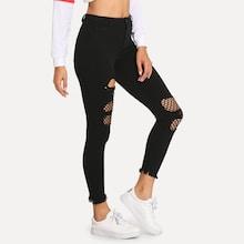Shein Fishnet Panel Raw Hem Jeans