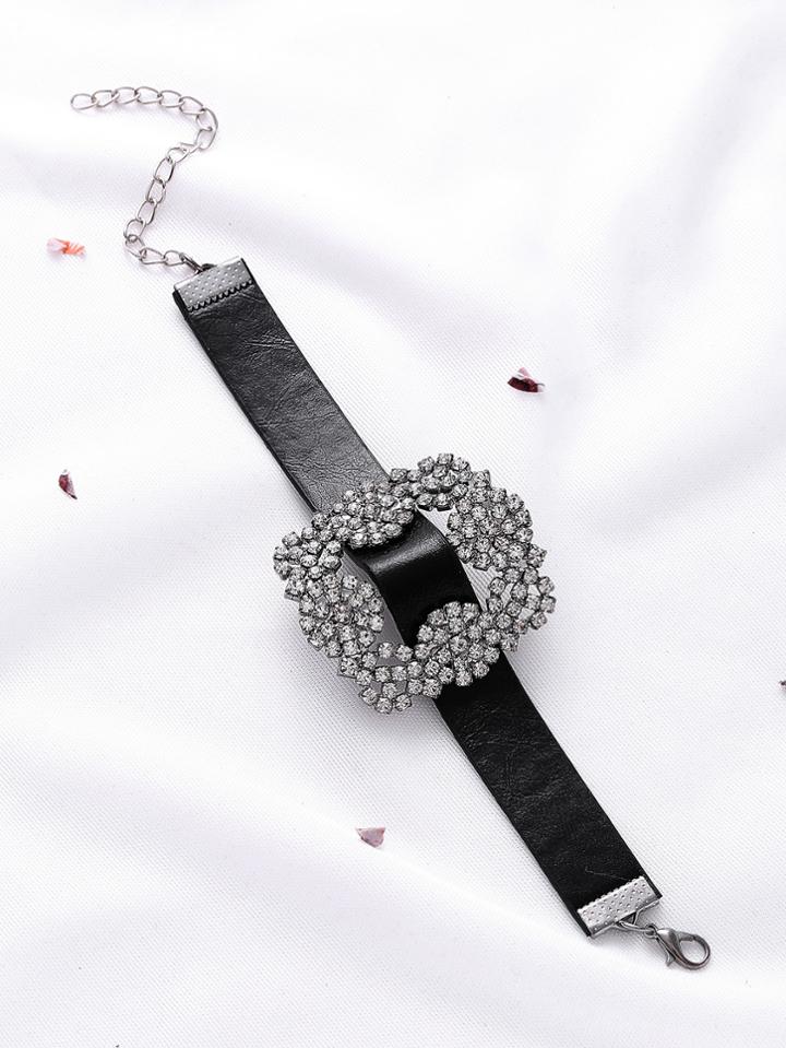 Shein Black Faux Leather Rhinestone Buckle Bracelet