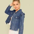 Shein Raw Hem Ruffle Crop Denim Jacket